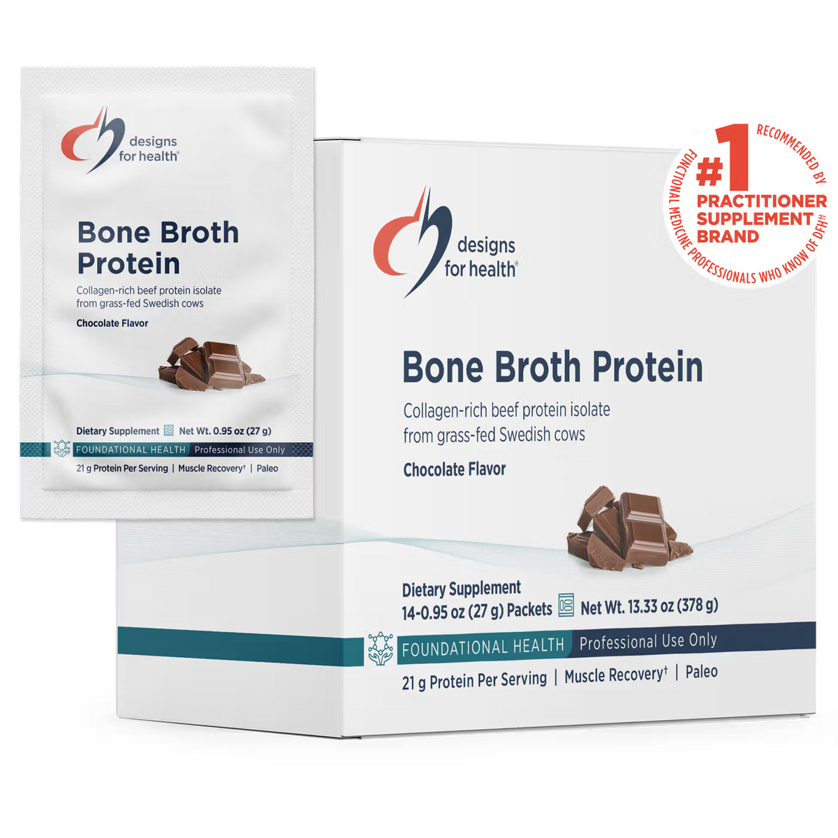 Bone Broth Protein — Designs for Health · 14 sobres de 27 g · Chocolate
