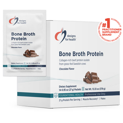 Bone Broth Protein — Designs for Health · 14 sobres de 27 g · Chocolate